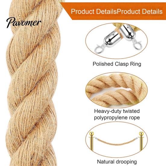 Rope with Metal Hooks 1/1.5/2M Natural Braided Jute Rope, Heavy Duty Woven Twine Barrier for Crafts, Queue Crowd Control