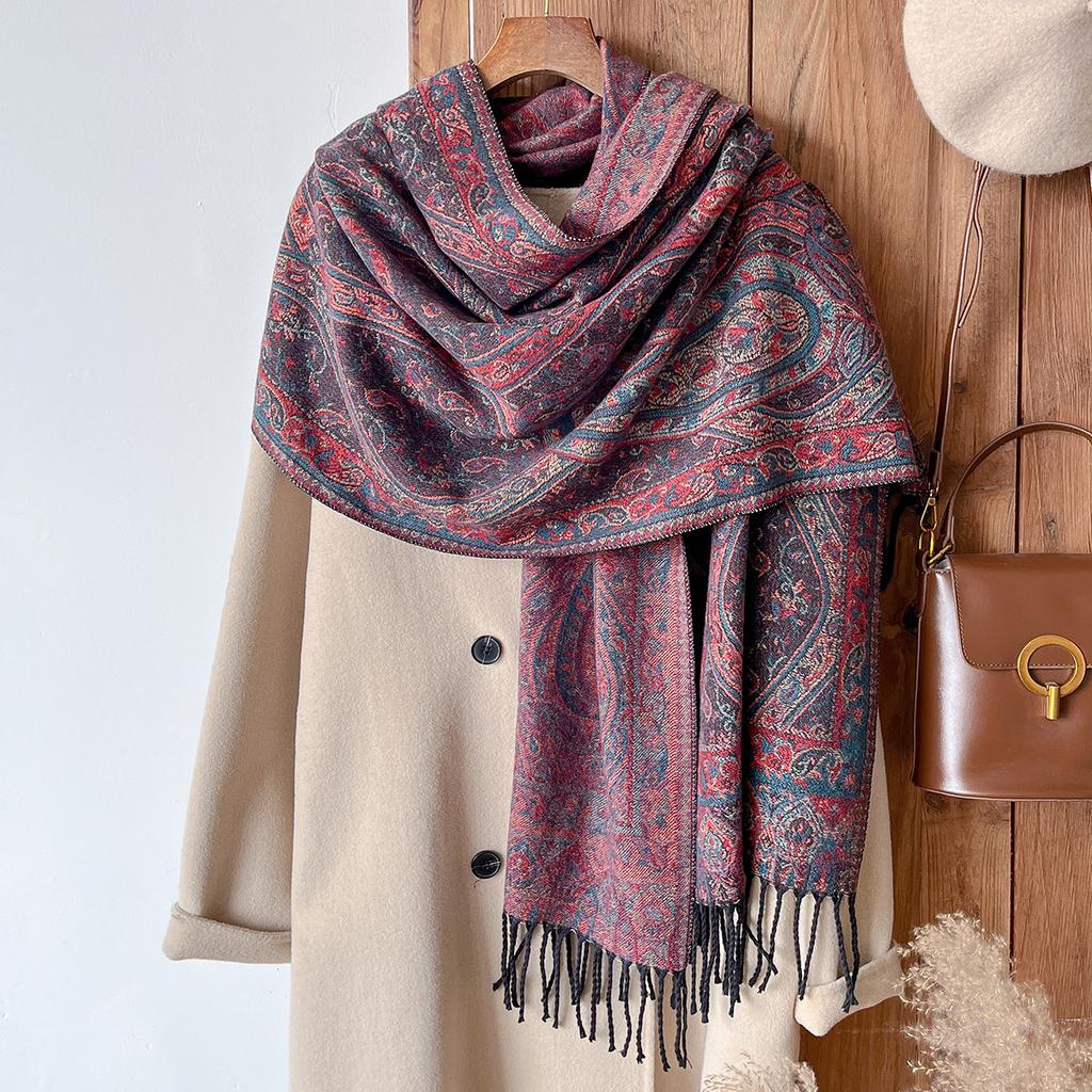 Fashion Winter Cashmere Shawl For Women - Tasseled Vintage Oil Painting Floral Printed Pashmina Thick Wrap, Scarf & Echarp