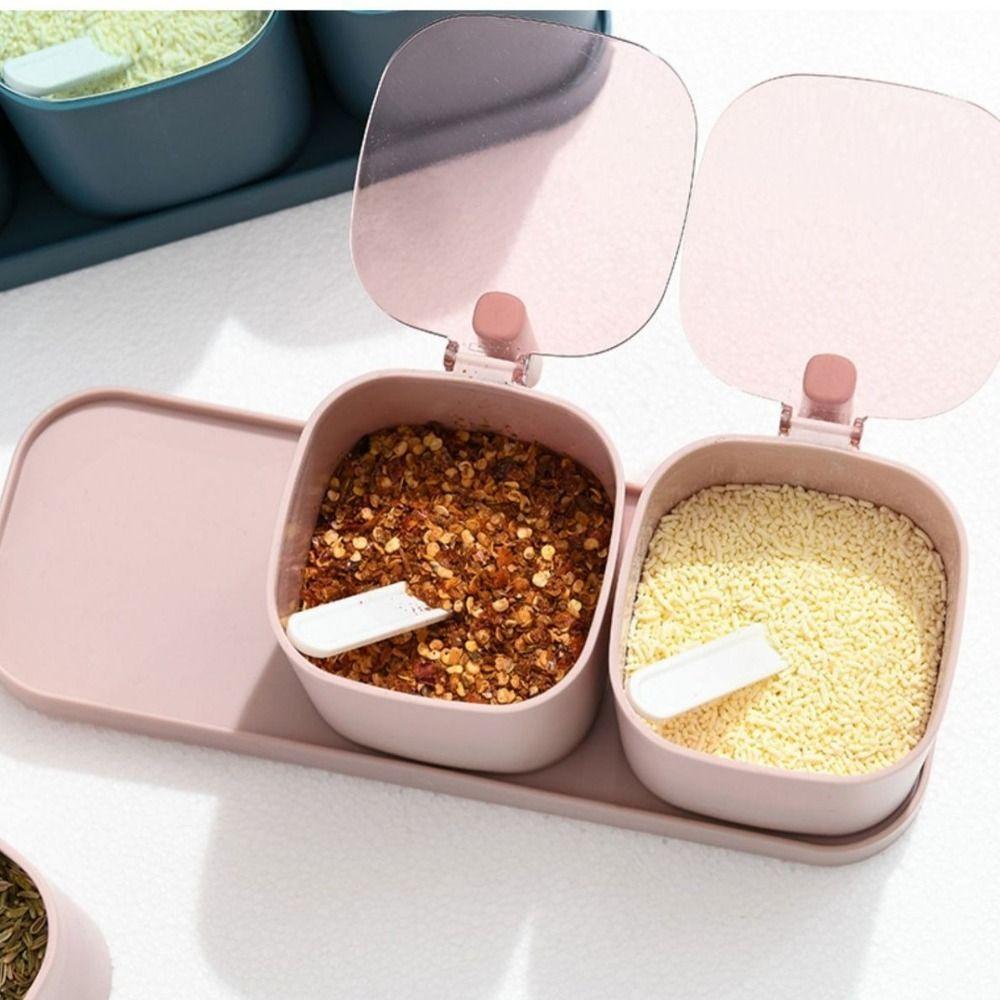 Praktisk lufttät kryddlåda med avdelare, halkfri kryddorganisatör med sked, plastkryddbehållare, matförvaring