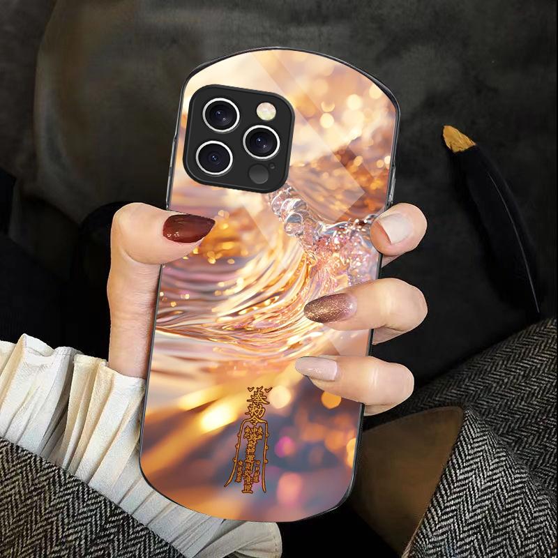 Golden Lotus Powder For IPhone 16 Pro Max 11 12 Mini 13 14 P Lus 15 Plus 7 8 Se 2020 X Xs Elliptical Tempered Glass Phone Case