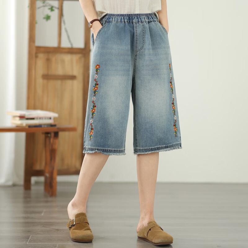 LangSha Women's Summer Embroidered Loose Denim Bermuda Shorts