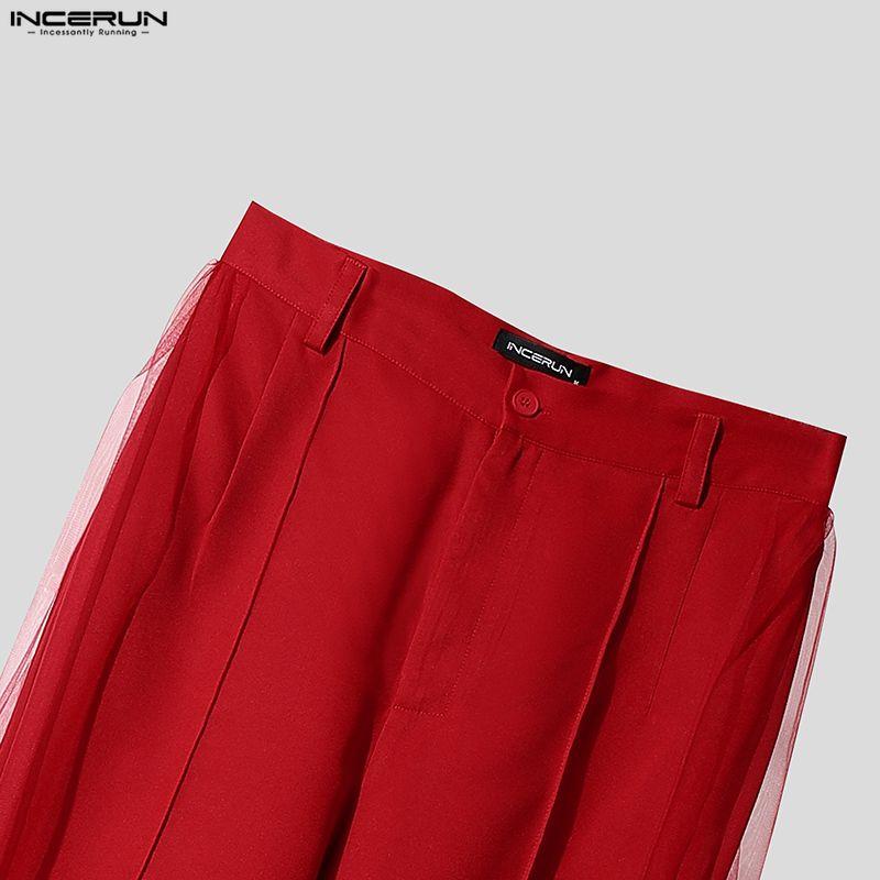 INCERUN Pantaloni a zampa casual da uomo a vita alta con cerniera, doppio strato, patchwork in rete