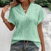 Summer V Neck Loose Women Shirt Casual Short Sleeve Hollow Jacquard Top
