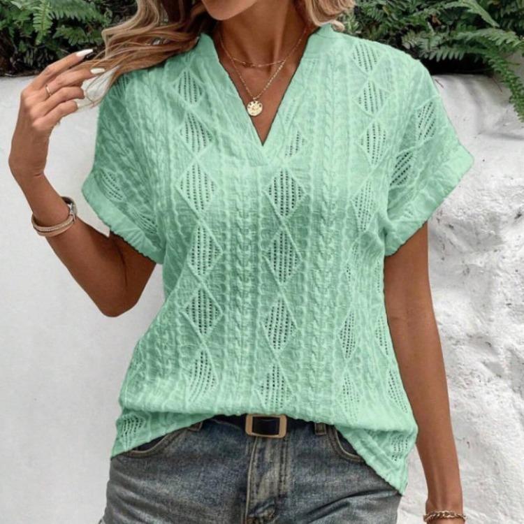 Summer V Neck Loose Women Shirt Casual Short Sleeve Hollow Jacquard Top