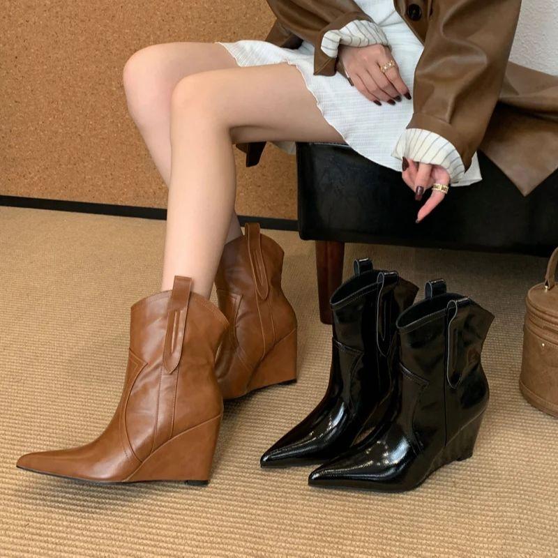 Brown Wedges Shoe Woman Chelsea Boots Autumn Pionted Toe High Heels Comfort Ladies Ankle Boots 8Cm Black Shoes