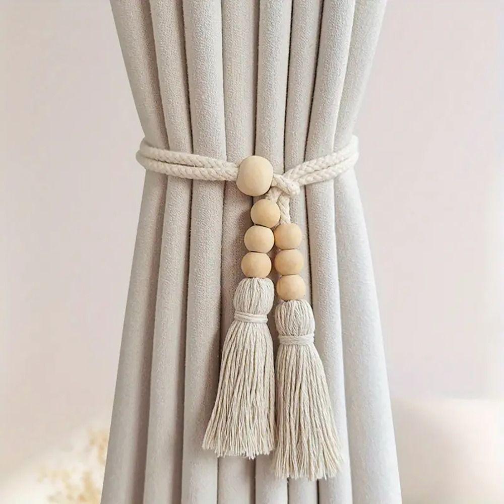 2Pcs Wooden Bead Curtain Tiebacks Fixed Curtain Hooks Curtain Tying Rope Home Decor Accessories