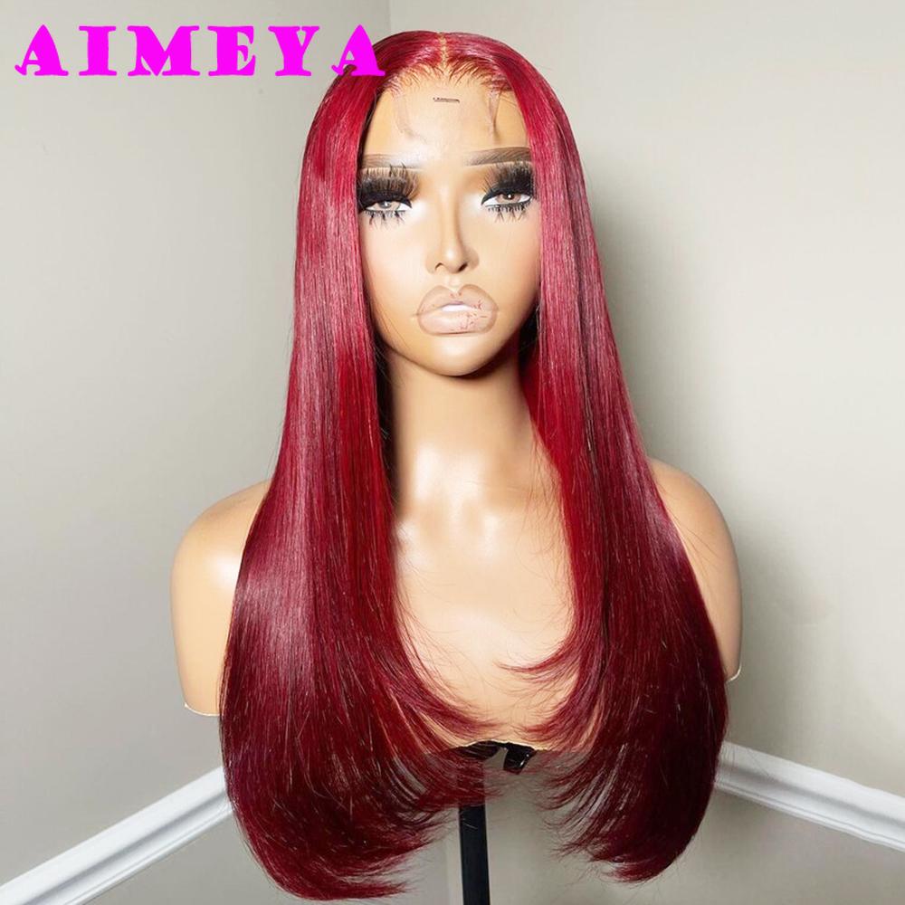 AIMEYA Layered Cut Wig Burgundy Lace Front Silky Straight Wig for Women Long Synthetic Lace Wigs Heat Resistant Fiber Daily Use