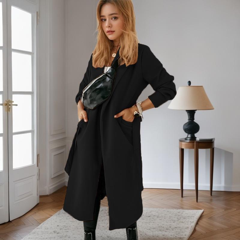 

Autumn/Winter Bestseller Long Woolen Belted Plus Size Women s Coat 2XL чорний