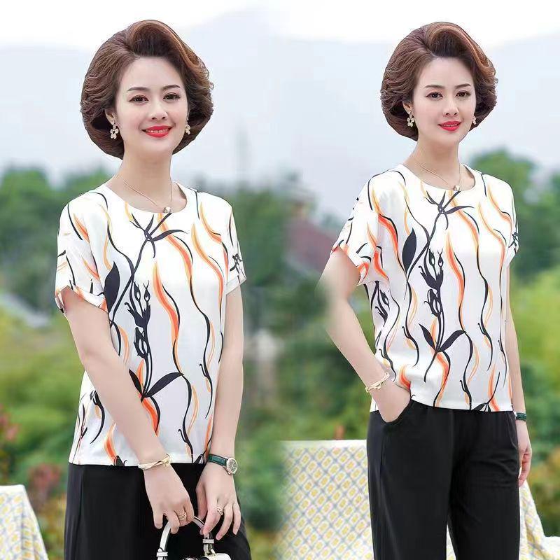 

2024 Summer Women s Ice Silk Print Blouse - Plus Size Mom s Top 3XL