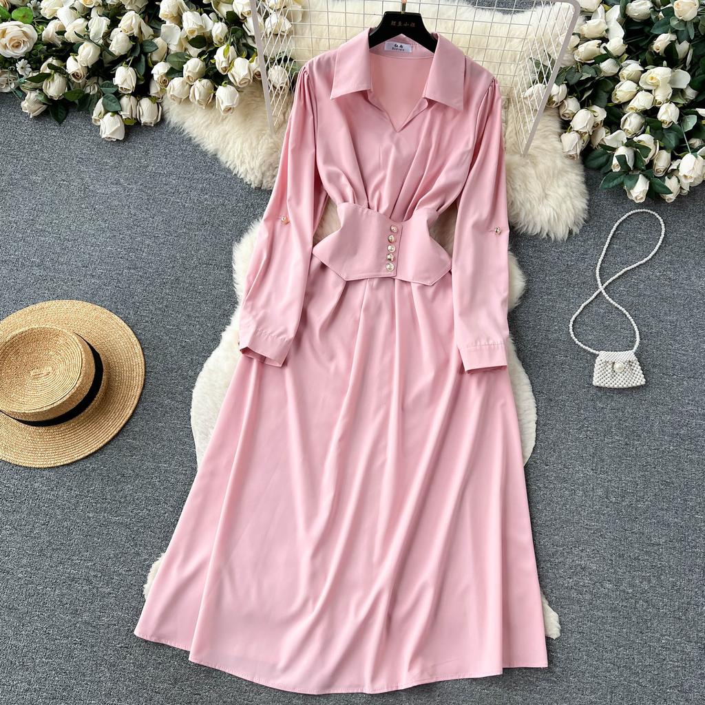 Aibeautyer nuevo Vintage Primavera Verano sólido ajustado botón vestido completo de señora una línea cuello vuelto gasa pulóver vestidos de mujer