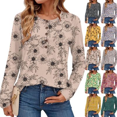 Women's Fashionable Vintage Floral Print Round Neck Long-sleeved Top