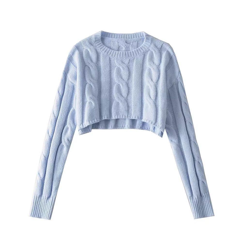 

American retro sweater women s long-sleeved personalized pullover round neck twist ultra-short belly button knitted sweater fashionable and thin 49-125 (average size) синій