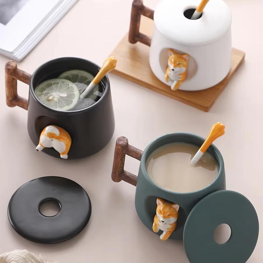 420ml Shiba Inu Pattern Ceramic Coffee Mug Cute 3D Design with Lid Spoon Cartoon Milk Tea Cup for Girls Creative Breakfast Gift