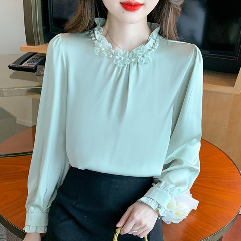 2025 Neue Frühling Elegante Damenblusen Hemden Langarm Perlen O-Ausschnitt Chiffonbluse Hemd Damen Tops J773