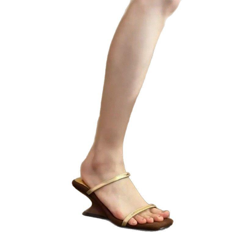 Women's Slippers Wear Foreign Style High-end Niche Gold One-word Strap Special-shaped Heel High-heeled Sandals