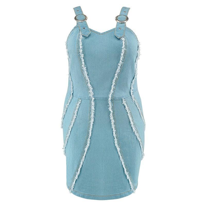 Plus Size Denim Sleeveless Mini Dress With Fringe Detail A-Line Outfit Women 1XL-5XL
