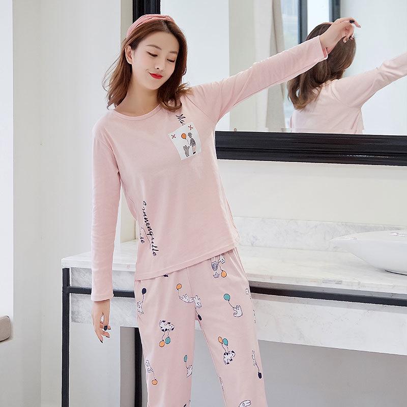 Women Autumn Winter Long-sleeved Cartoon Pajamas Set 2024 New Round Neck Cute Solid Color Pullover Sleepwear Clothes Set