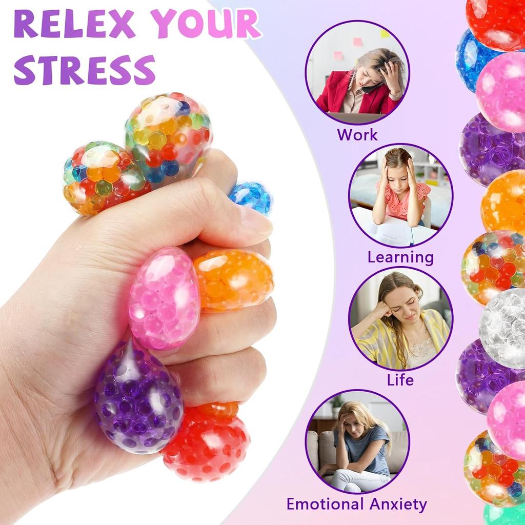Anti-Stress Mini Squishy Balls 24 Pack 3.5 Cm Non-Toxic TPR Filled with Gel Beads Multicolor Stress Relief Toy for Kids and Adults