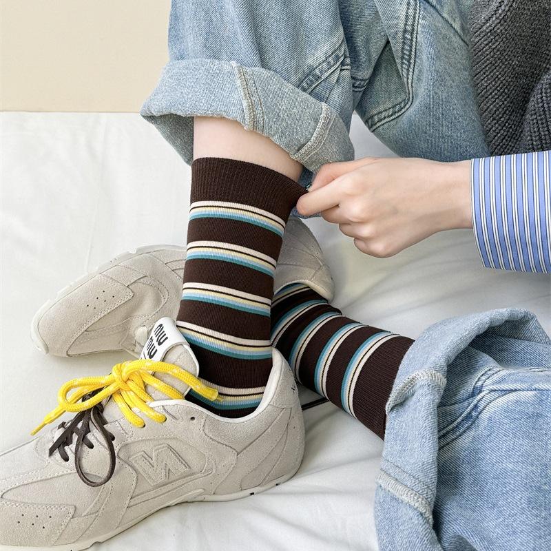 European Goods Early Autumn Retro American Color Striped Socks Contrast Stripes Can Be Revealed Style Pure Cotton Mid-Tube Stacked Socks