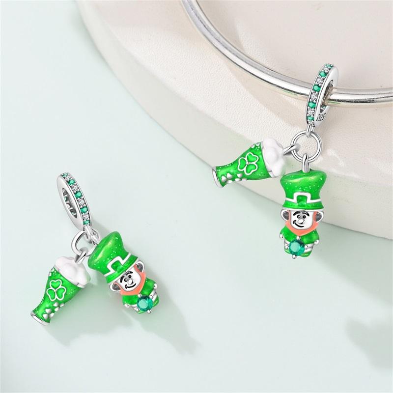 925 Silver St Patricks Day Lucky Charm Green Clover Pendant Bead for Women DIY Jewelry Necklace Bracelet Gift