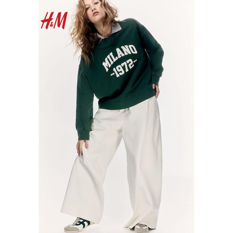 

HM Women clothes Hoodie 2025 Summer New Fashion Casual Letter Pattern Long sleeve round Neck Pullover 1269502 Gray-blue/Atelier Paris 165/96(M)