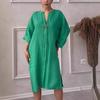 Women's New Cotton Linen Solid Color Casual Round Neck Button Long Dress