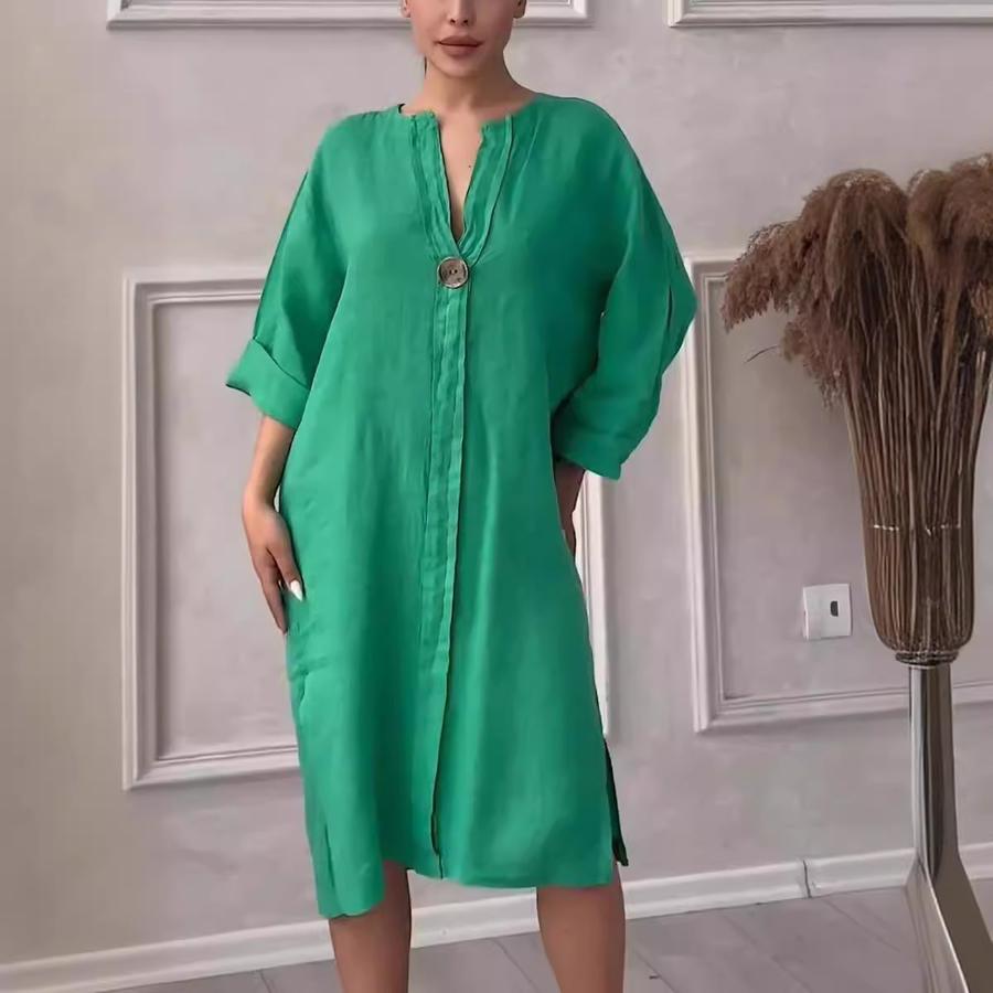 Women's New Cotton Linen Solid Color Casual Round Neck Button Long Dress