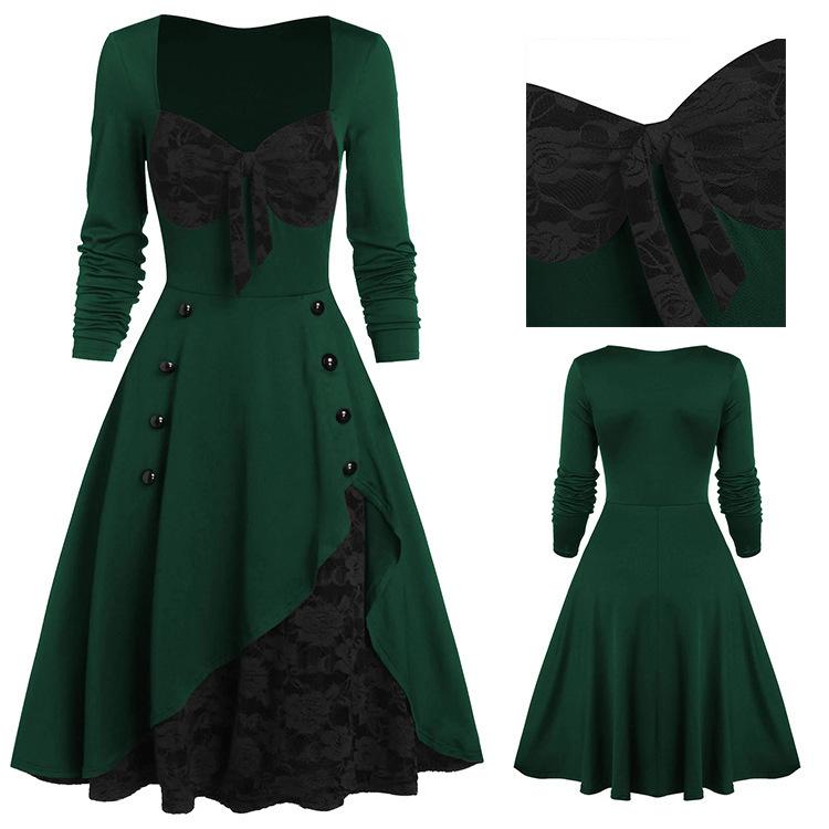 Dámská móda Úzký střih Krajka Etnický styl Vintage Prošívání Květinové šaty s dlouhým rukávem