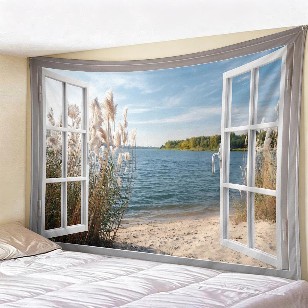 Window View Tapestry Wall Hanging, Scenic Nature Landscape Backdrop, Artificial Window Wall Decor for Bedroom Living Room