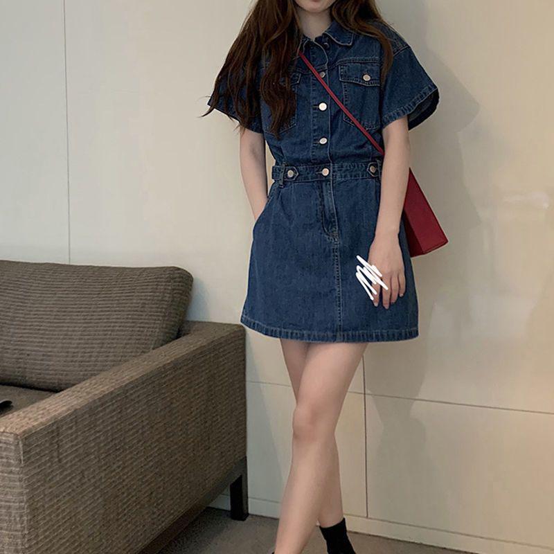 French-Inspired Polo Collar Denim Dress: Slimming A-Line Retro Korean Style for Women