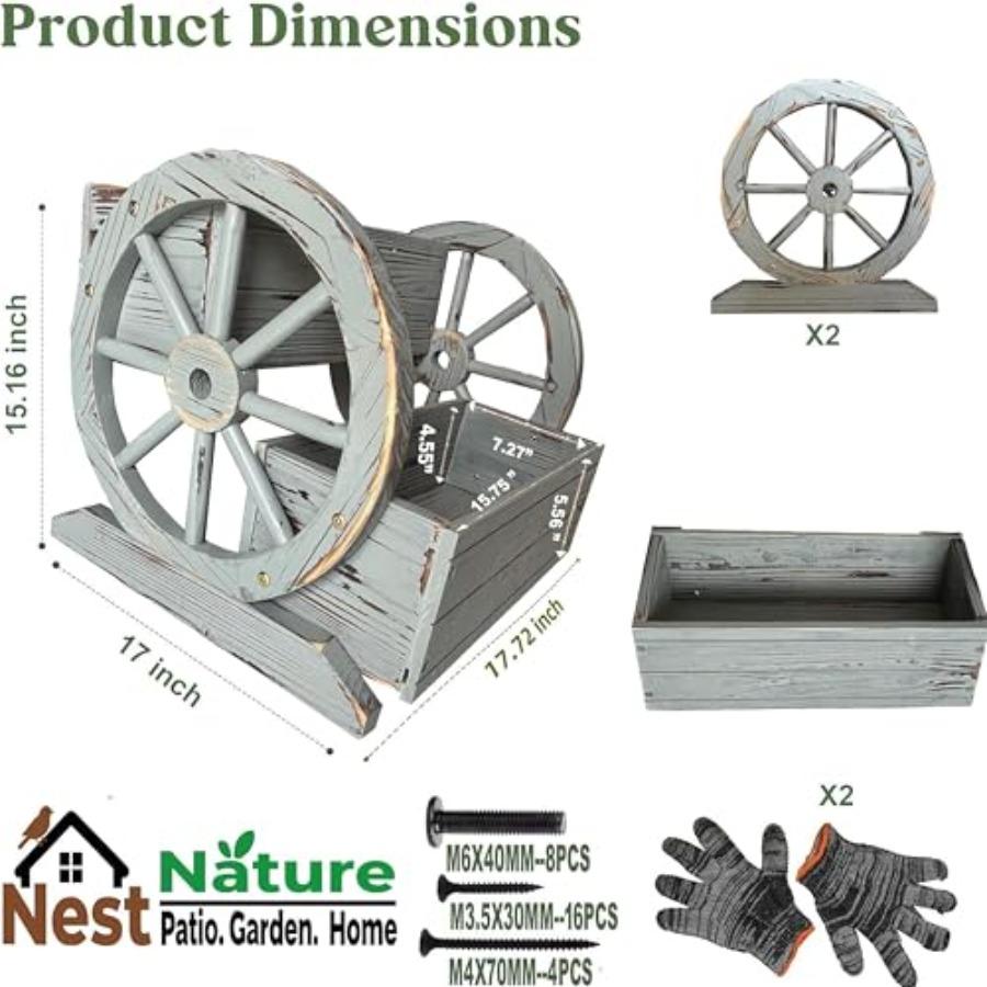 NestNature Wooden Wagon Planter Box Raised Garden Bed Antique Gray Decorative Garden Planters with Wheels for Indoor Outdoor De