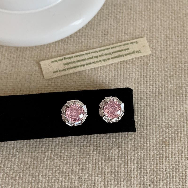 Rose Zircon Flower Round Earrings Women Elegant Dainty Trendy All-match Jewelry