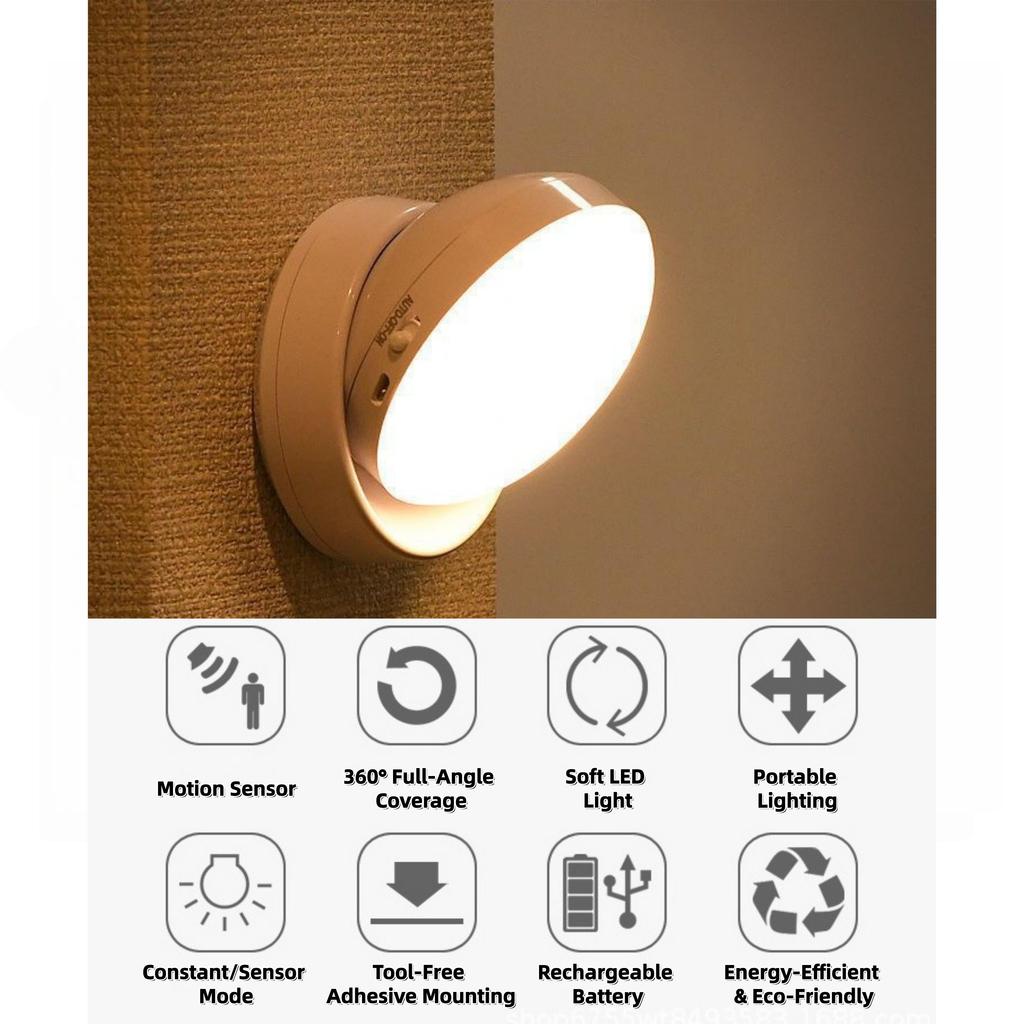 360° Rotatable Motion Sensor Night Light USB Rechargeable Compact LED Lamp for Bedroom Cabinet Closet Stairs Corridor
