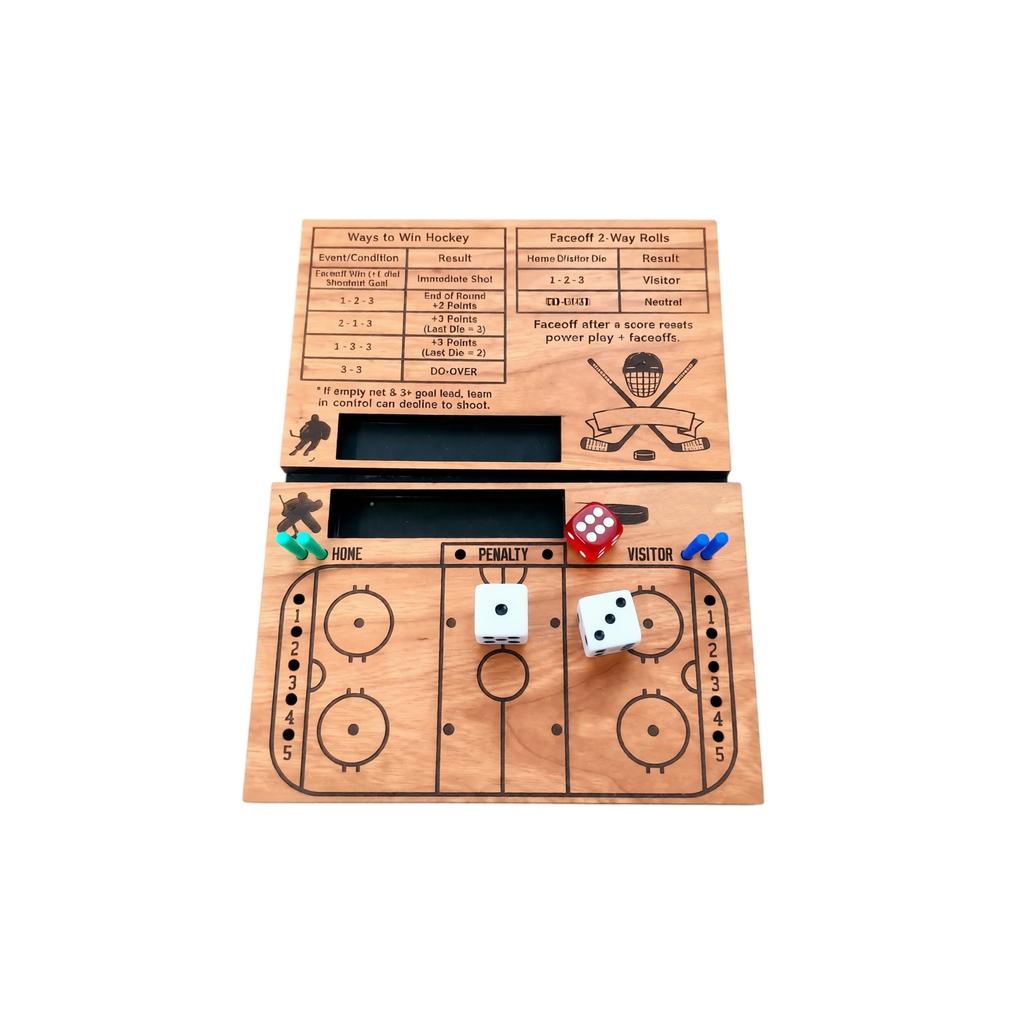 Wooden Tabletop Ice Hockey Dice Game Family Board Game Includes Dice Player Tokens and Scoreboard for Indoor Play