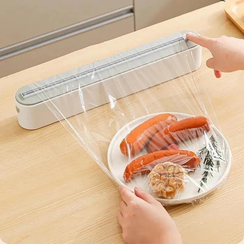 Food Film Dispenser Magnetic Plastic Wrap Dispenser with Cutter Storage Box Aluminum Foil Stretch Film Cutter Storage Holder