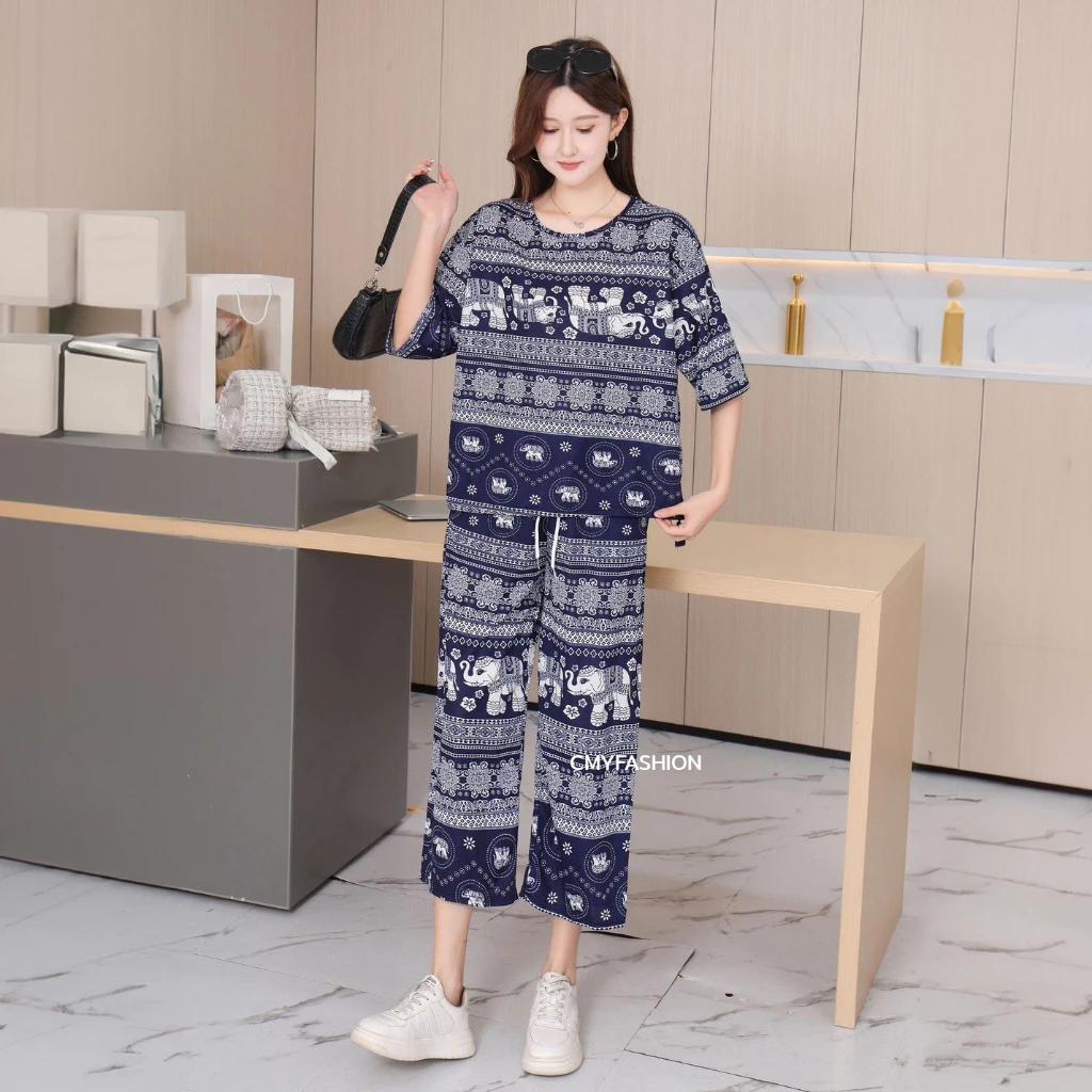 Słoń Spodnie Szorty Koszula Zestaw Okrągły Dekolt Krótki Rękaw Regulowany Elastyczny Pasek Pasek Kobiety Nadruk Casual Plaża Boho Bohemski Retro Vintage