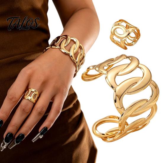 Hollow Twisted Jewelry 2Pcs Statement Set, Open Adjustable Cuff Bangle Iron Wrist & Wide Ring, Golden Plated Metal for Women Sets