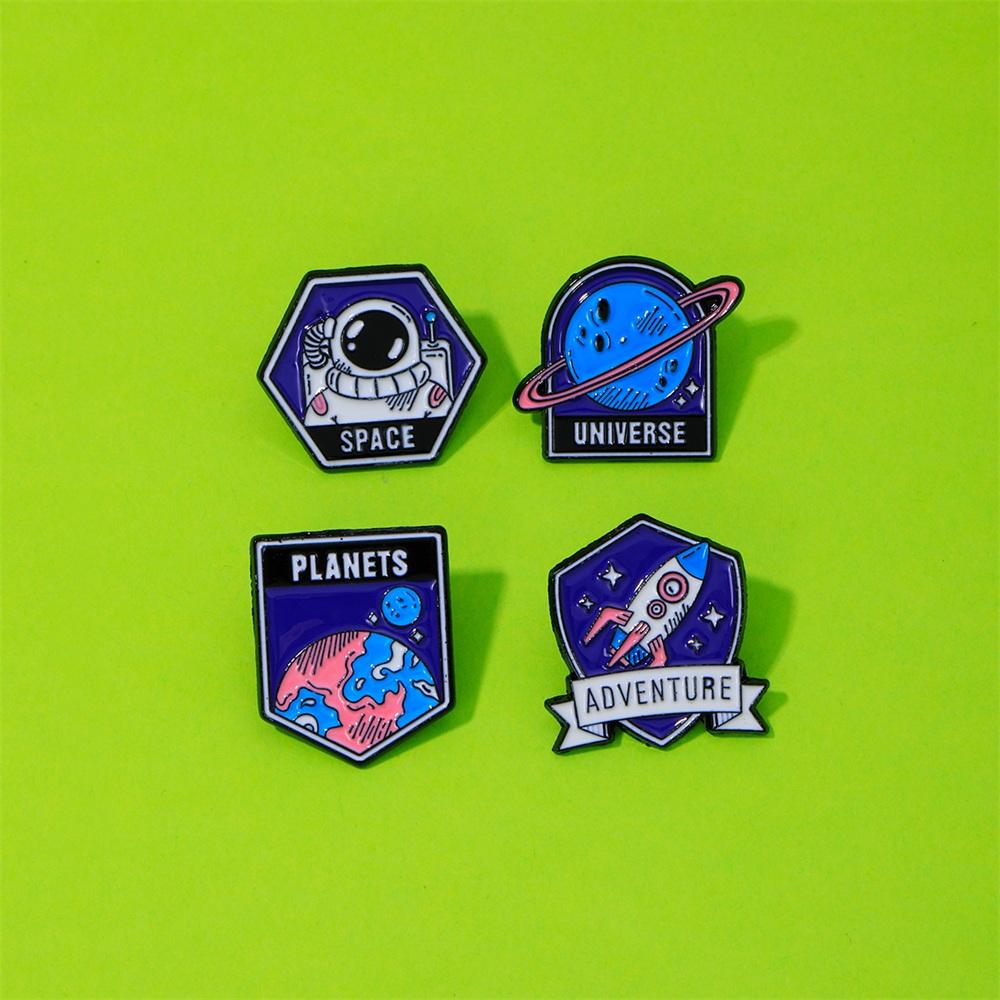 4 Styles Funny Space Adventure Universe Planets Design Enamel Brooches Spaceman Astronaut Rocket Earth Metal Pins