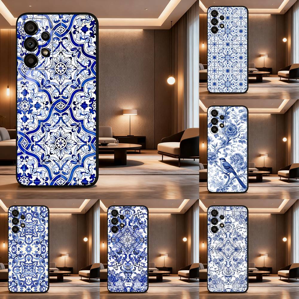 blue and white porcelain Phone Case For Samsung Galaxy A73,31,32,72,41,53,52,71,22,5G,Note,J7,8,9 Soft Black Cover