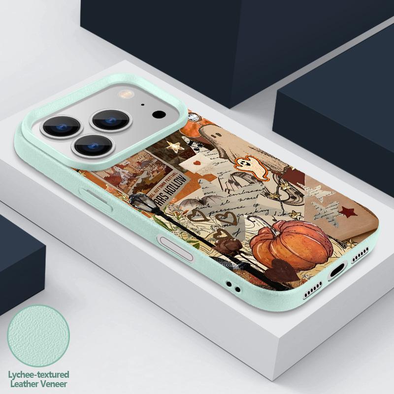 Pumpkin Lantern Ghost Halloween Case For iPhone 18 Pro Max 17 16 15 14 13 Pro Max 17E 16E Leather Texture Silicone Anti-skid Soft Cover