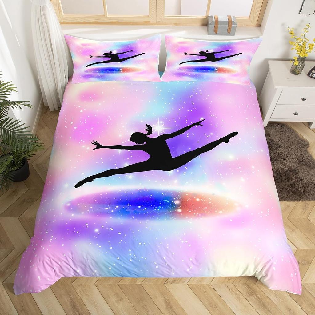 Rainbow Bedding Set for Girls Ballet Duvet Cover Dancing Ballerina Silhouette Comforter Cover Twin Tie Dye Starry Sky Bed Cover