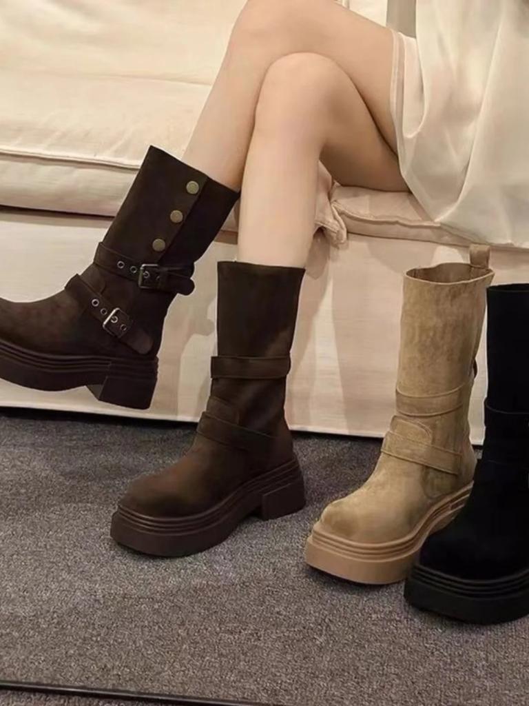 British Women's  New Spring and Autumn Single Boots Retro Two In One Mid Length Boots Thick Soled Black Short Boots