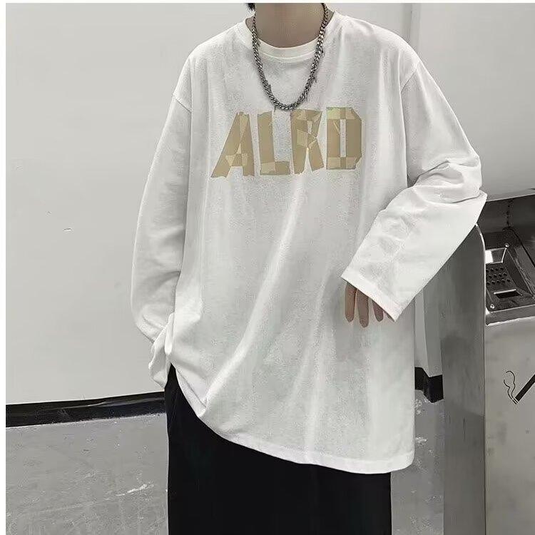 

2024 Мужская футболка с длинными рукавами Осенняя майка с длинными рукавами Хлопок Осенний Гонконгский стиль Печать Свободный модный топ M белый