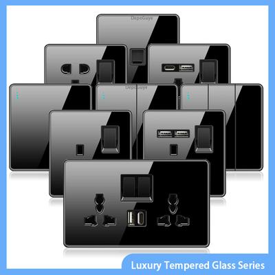 Luxuriöser Wandlichtschalterknopf aus gehärtetem Glas, schwarz, UK-Stecker, 13 A, universelle Wandsteckdose mit USB, 220 V, 1-fach, 2-Wege-Geschwindigkeitsschalter