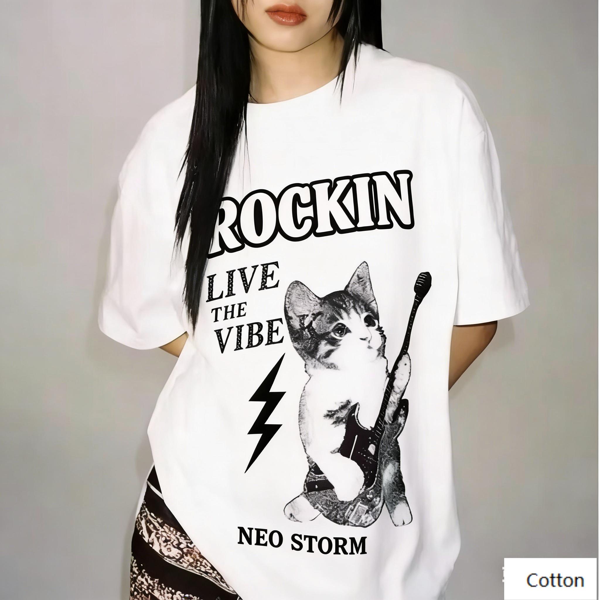 

Крутая футболка с принтом Rockin Cat и надписью NEO STORM , оверсайз, повседневная, хлопковая, ретро-эстетика, смешной графический топ 2XL