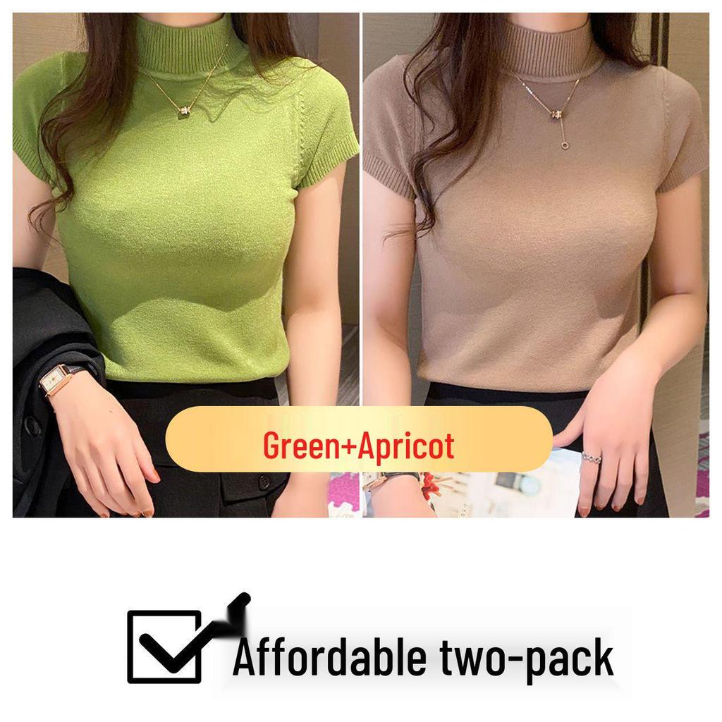 Women's Ice Silk Knit Slim Fit Short Sleeve Top - Half-High Collar, Stretchy, Solid Color