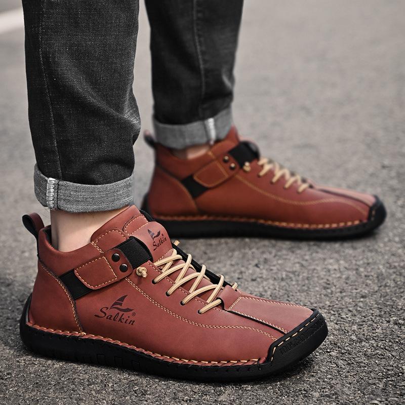 New Autumn and Winter Large-size Short Boots for Men's Handmade Stitching Leather Shoes Casual Martin Boots Men's Lazy Shoes