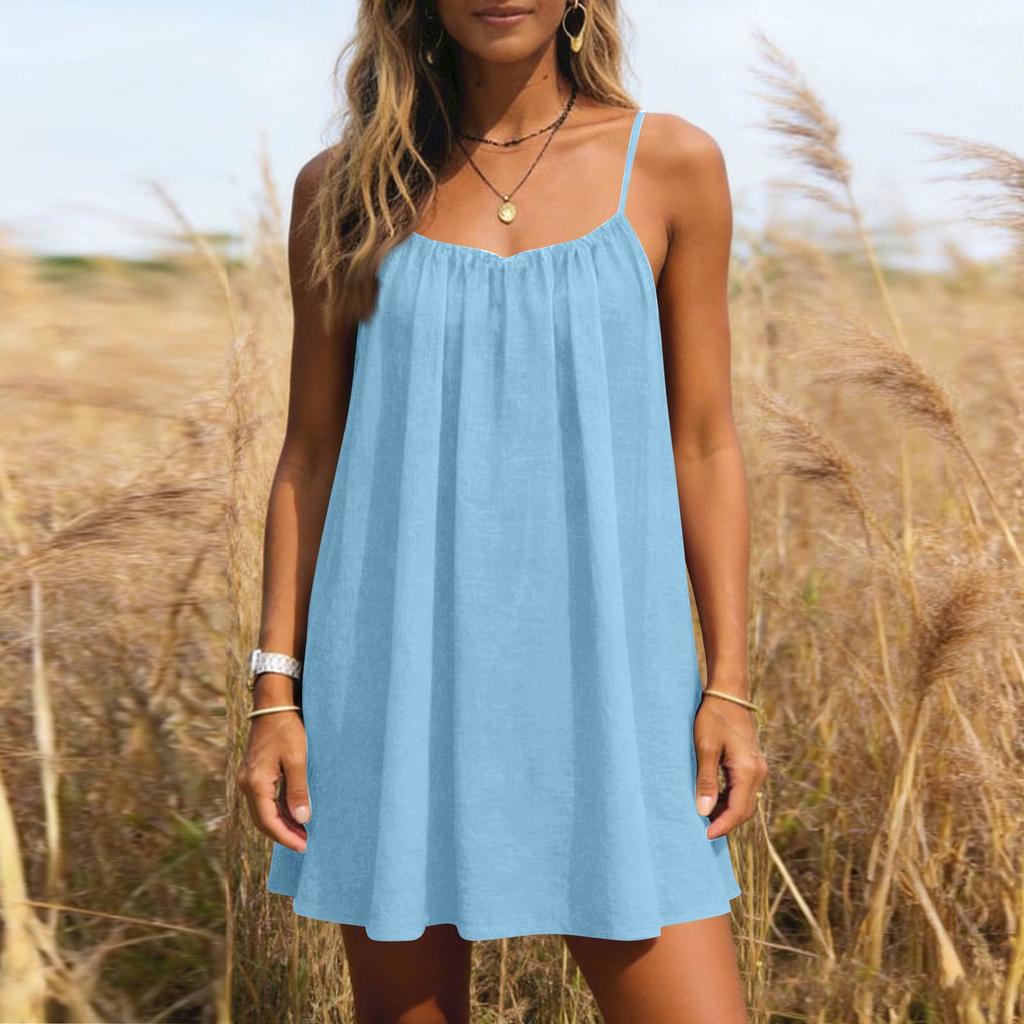 Women's Backless Spaghetti Strap Dress, Sleeveless Thin-strapped Flowy Beach Vacation Short Dress, With Back Tie.