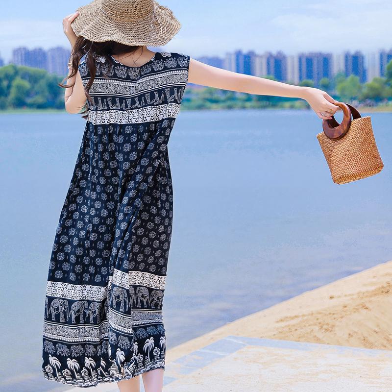 Casual Beach Dresses for Woman Plus Size Loose Vintage Print Long Sleeveless Dress Summer Women's Clothing