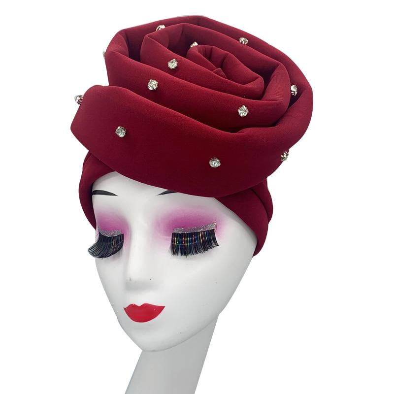 Головной убор мусульманских женщин с большим цветком и бриллиантами, тюрбан, шляпа вино красного